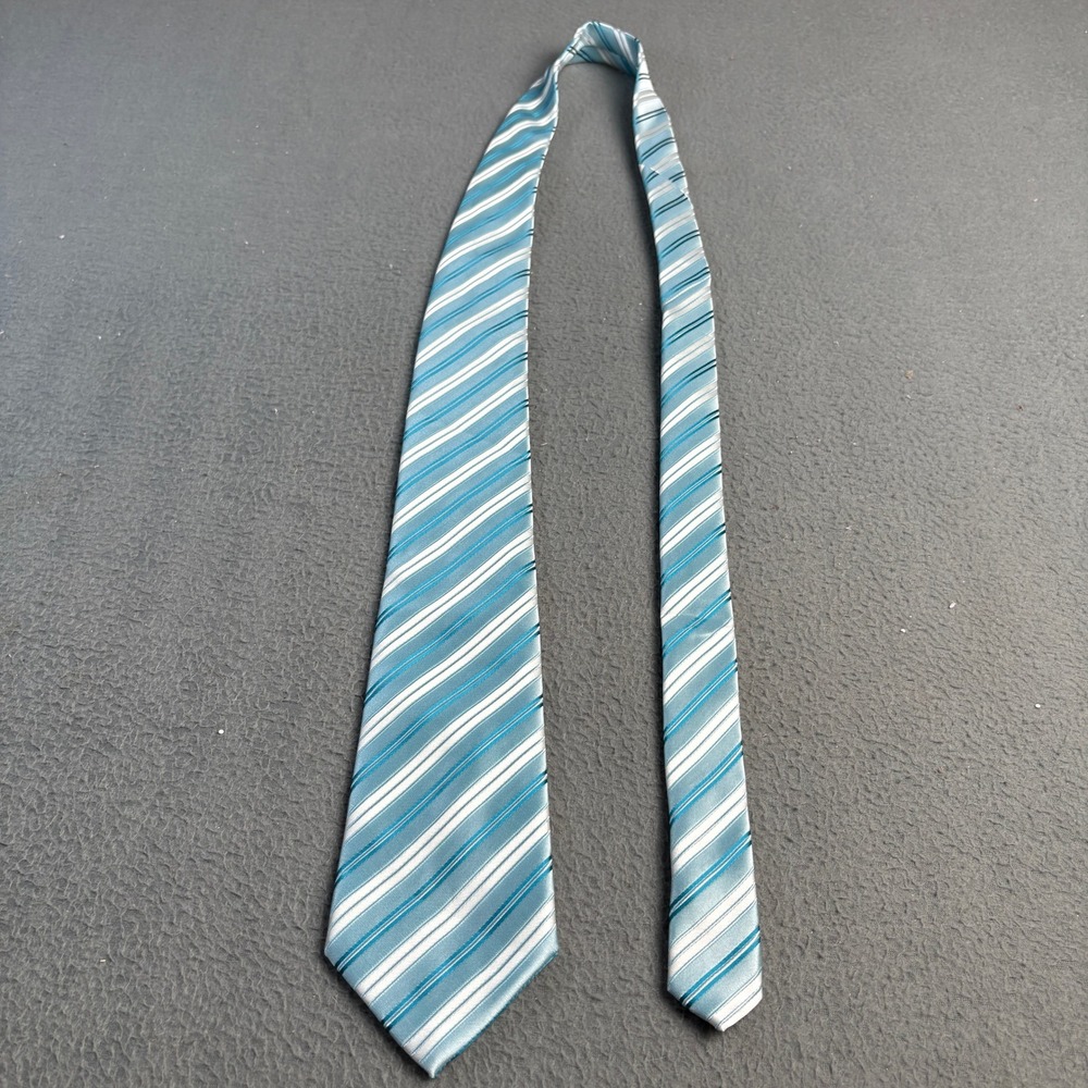Stafford Essentials Mens Blue Teal White Diagonal Striped Polyester Necktie